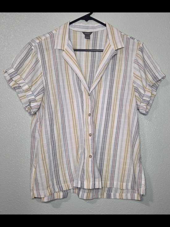 Eddie Bauer Tops - Eddie Bauer Striped Button-Down Short Sleeve Top in White, Yellow & Gray